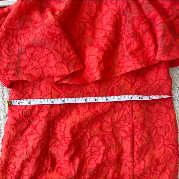 KEEPSAKE THE LABEL Red Ruffle Strapless Mini Dress Size Large Floral Jacquard - Picture 12 of 13
